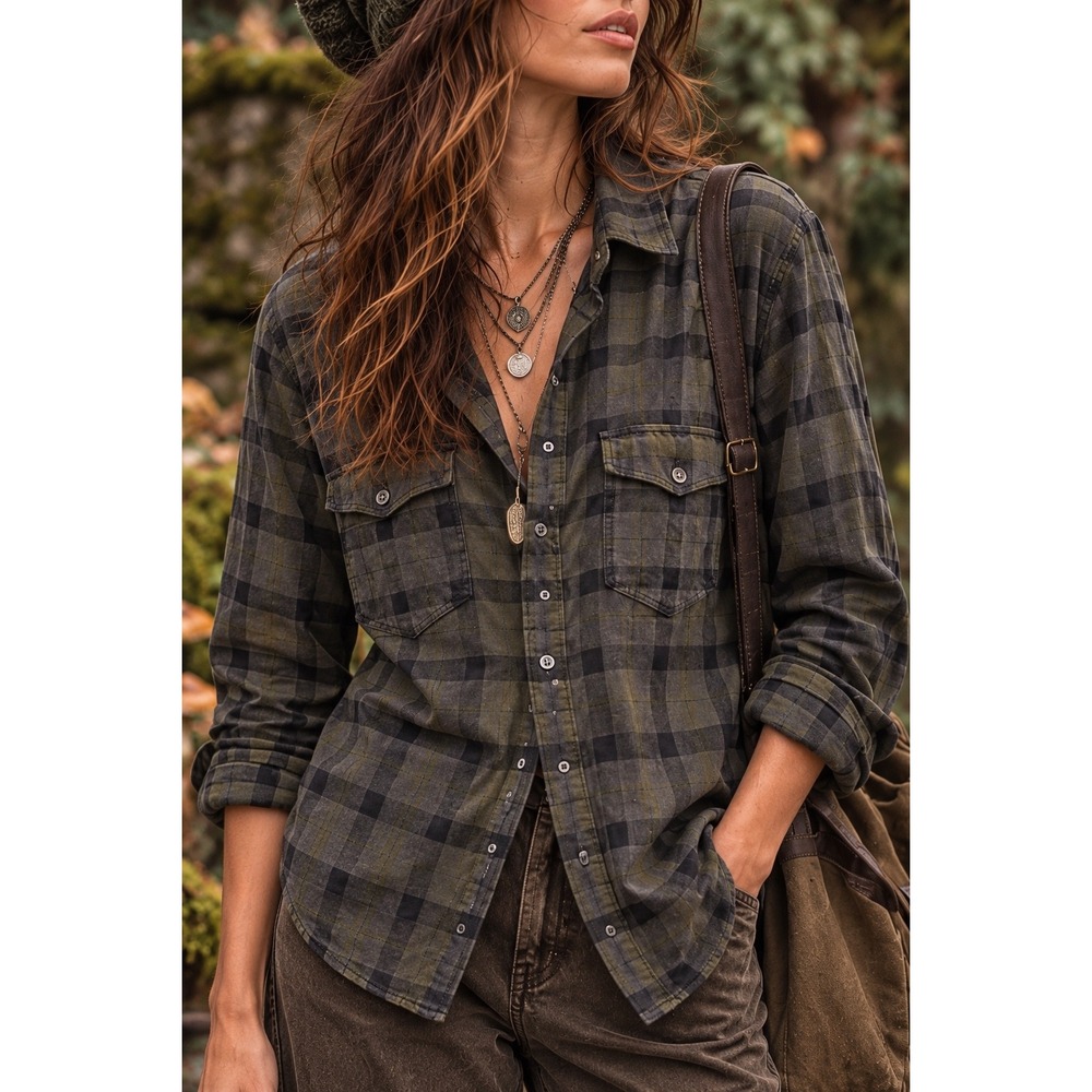Paige Women's Plaid Flannel Shirt Olive Green Charcoal Grunge Goblincore Medium